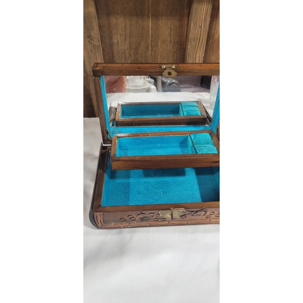 Vintage 1960's Wooden jewelry box with carved Asian Motifs